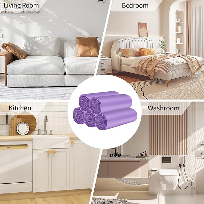 5 Rolls Small Trash Bags - 100 Counts Durable 4 Gallon Small Garbage Bags for home office kitchen Bathroom Bedroom Trash Can liners（Purple）