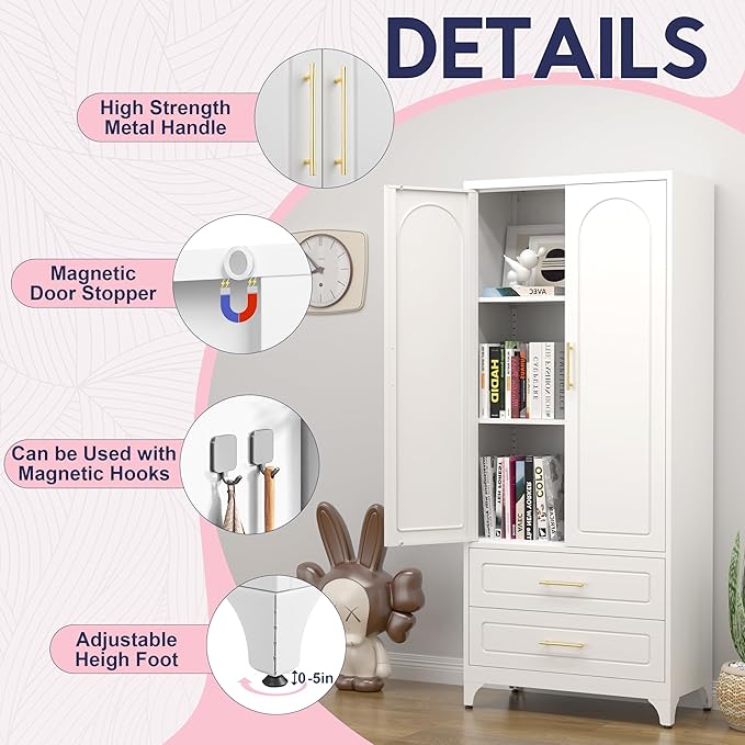 Pantry Kitchen Cabinet with Drawer, 75" Tall Pantry Storage Cabinet, Metal Storage Cabinets with Doors and Shelves, Large Freestanding Cupboard for Dining Room, Assembly Required, White