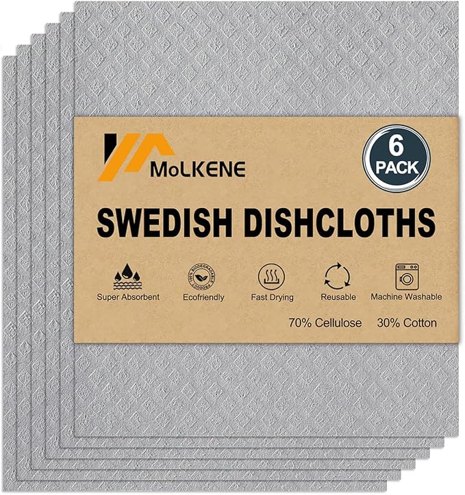 MoLKENE Swedish Dishcloths for Kitchen | 6 Pack Absorbent Cellulose Sponge Cloths Washable | Non-Scratch Reusable Paper Towels Quick Drying Cleaning Cloths - Grey