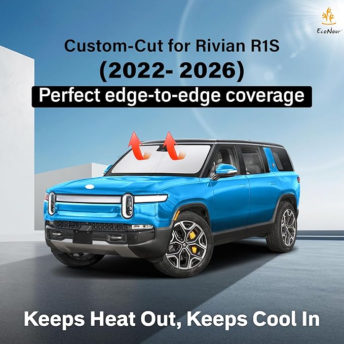 EcoNour Windshield Sun Shade Compatible for Rivian R1S 2022–2026 | Custom Fit Front Window Sunshade | Foldable Heat & UV Reflective Sun Visor | Interior Protection Accessory