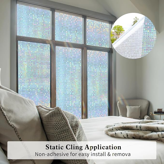 Privacy Window Film Stained Glass Non-Adhesive Rainbow Window Film Home Decorative Vinyl Static Cling Window Stickers Window Covering for Glass Door Bedroom Office