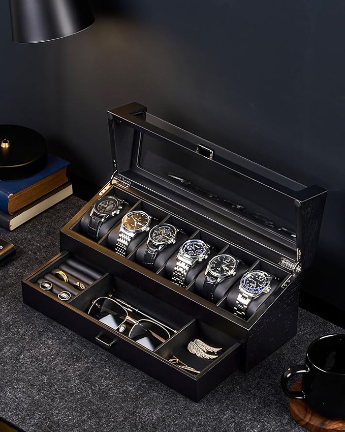 ProCase Wooden Watch Box for Men, Wood Watch Display Case Men's Jewelry Organizer Box with Drawer -6 Slot, Black