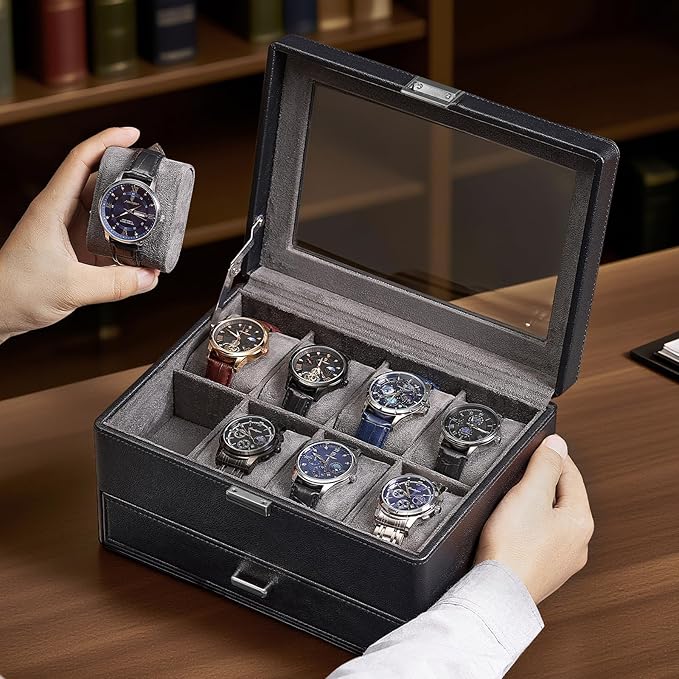 ProCase Watch Box for Men, Jewelry Organizer Box with Drawer, Display Storage Case with Glass Lid -Black, 8 Slot
