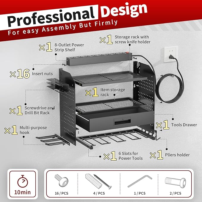 SEENWUUN Power Tool Organizer Wall Mount with Charging Station, 4 Layers Storage Rack with 6 Drill Holders & Battery Storage, Cordless Tool Organizer with Drawers for Garage, Workshop & Tool Room