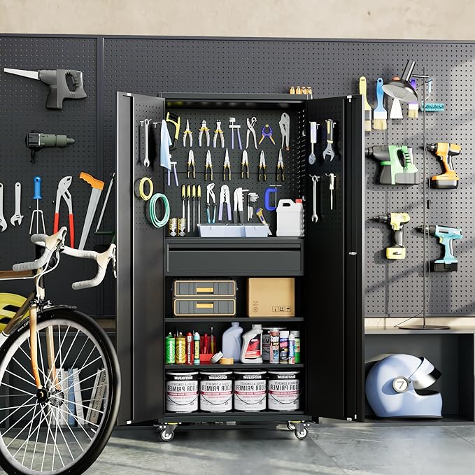 Garage Storage Cabinet with Wheels and Doors,Lockable Metal Storage Cabinet with Drawer Pegboard and Hooks for Garage Warehouse Home,Required Assembly,Black,71" H×15" D×30" W