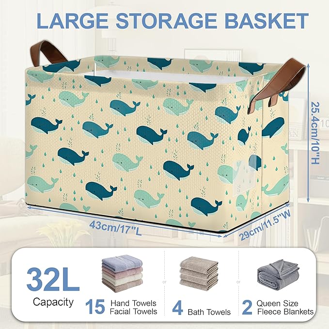 Cute Whale Storage Basket,Collapsible Storage Bin Cubes for Living Room Bedroom Blankets Home Storage 17x11.5x10Inch