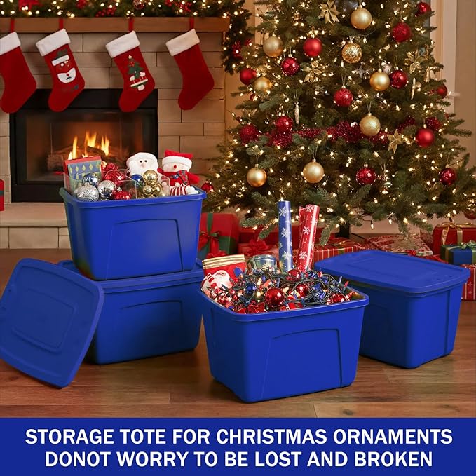 Storage Bins with Lids - Made in USA 18-Gallon (72-Quart) 4-Pack Storage Totes with Lids, Plastic Stackable Containers Large Storage Boxes for Home and Office Organization Blue/Blue
