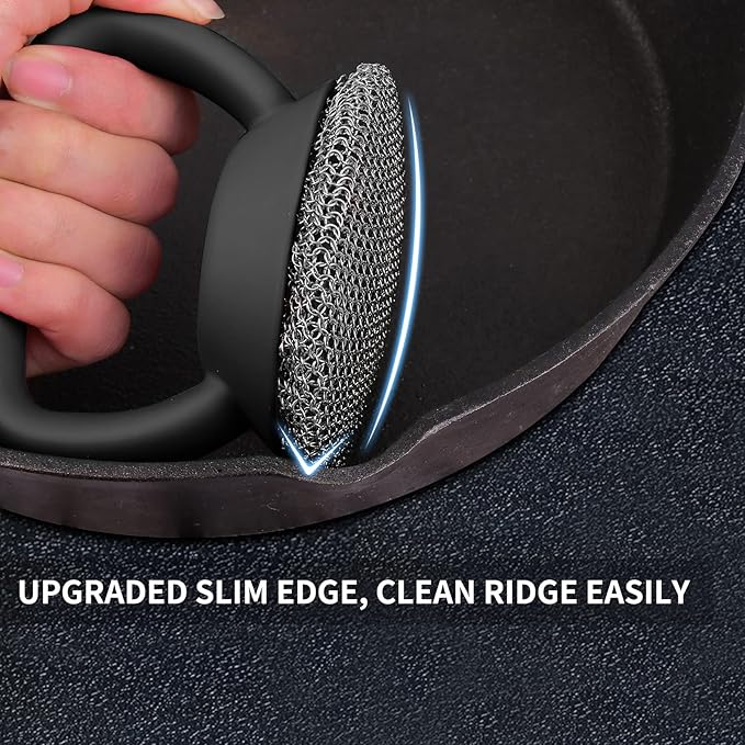 Cast Iron Cleaner Scrubber+Tray with Handle, Welded Chainmail Scrubber for Pan Pot Grill Oven Wok Cleaning- Small Ring Chain Scrub Metal Scraper Brush Iron Skillet Steel Wool Scrubber Steel Sponge