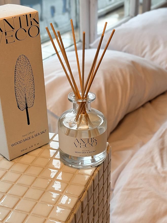 Wood Sage & Sea Salt Reed Diffuser Set – Oceanic Aromatherapy for Home – Glass Bottle 6.7fl oz + 8 Rattan Reeds – Calming Coastal Scent with Lavender & Sage – Long-Lasting (Up to 90Days)