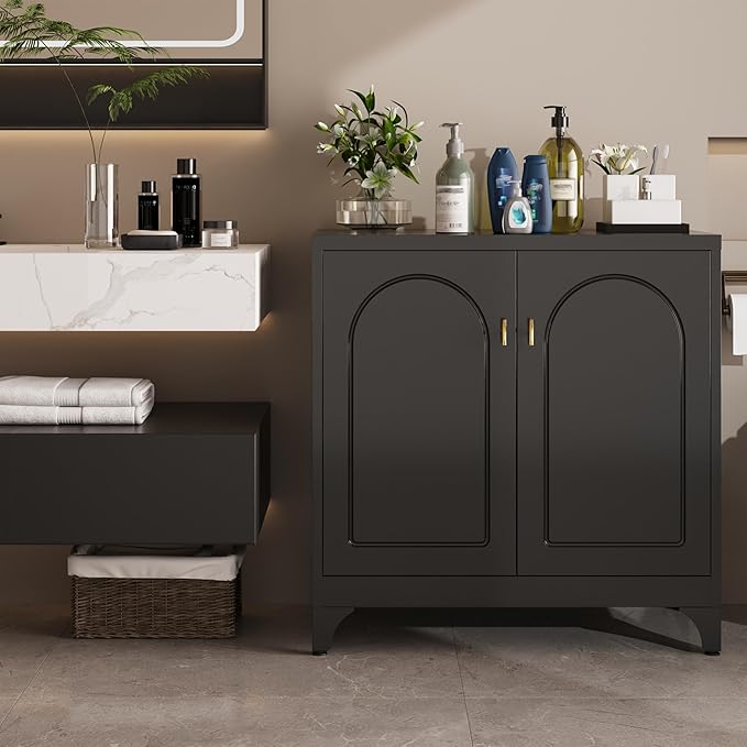 Metal Storage Cabinet with 2 Doors, 48" H Black Sideboard Cabinet, Small Kitchen Pantry with Adjustable Shelf, Coffee Bar Cabinets, Storage Cabinets for Kitchen, Pantry, Living Room, Office