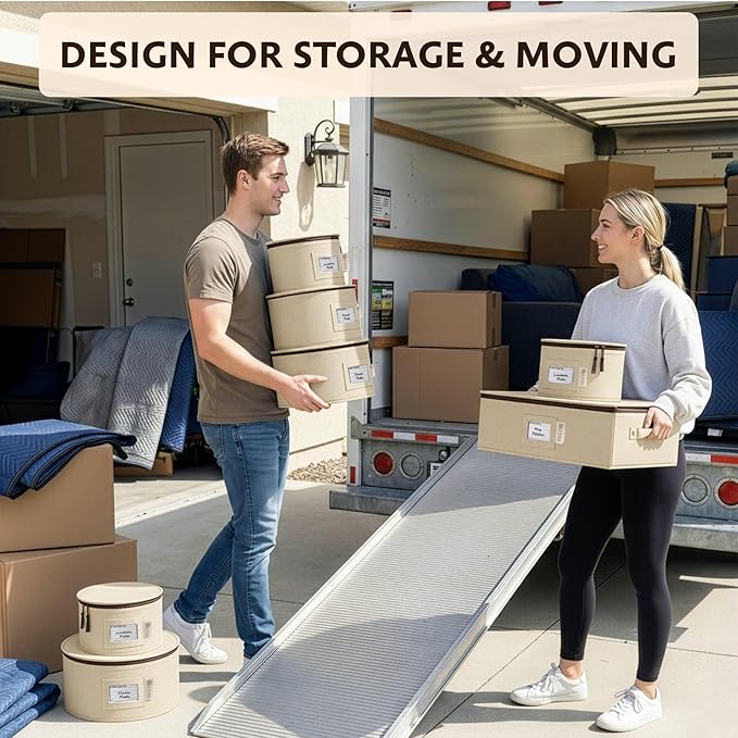 China Storage Hard Shell Containers 5-Piece Set Moving Boxes for Dinnerware, Glasses, Plates, Mugs and Saucers Sturdy Dish Organizer with Dividers for Seasonal Storage - Service for 12 - Beige