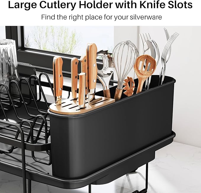 SNTD Dish Drying Rack - Large Dish Racks for Kitchen Counter, Expandable Dish Drainers with Cutlery Holder Stainless Steel Rustproof, Black