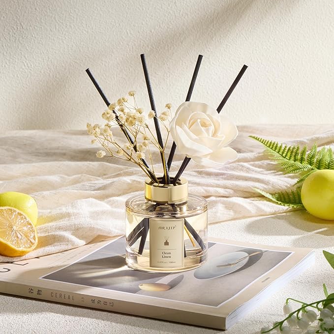 Airkeep Flower Reed Diffusers Set, 5.07 oz Clean Linen Scented Oil Diffuser with 8 Reed Sticks, Home Fragrance Diffuser Gift Set for Bathroom & Office Decor 150ml