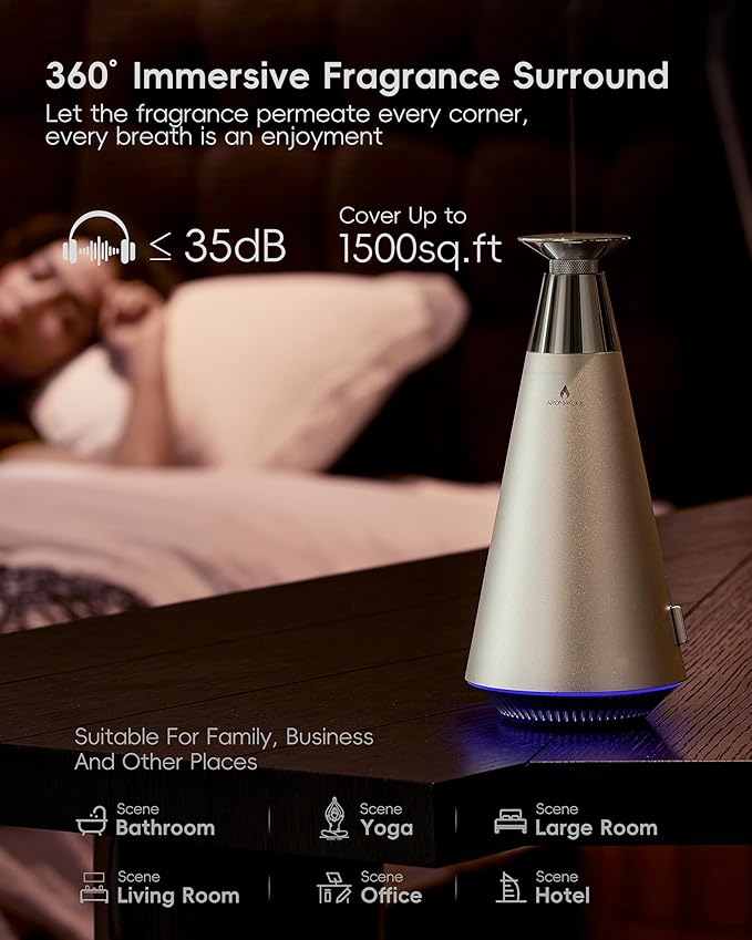 Waterless Scent Diffuser Starter Kit - 1500 Sq Ft Coverage, Alloy Atomization System,Mood Light,Smart Rechargeable Hotel Scent Diffuser, Including 120ml Essential Oil, for Home,Large Room,Spa,Silver