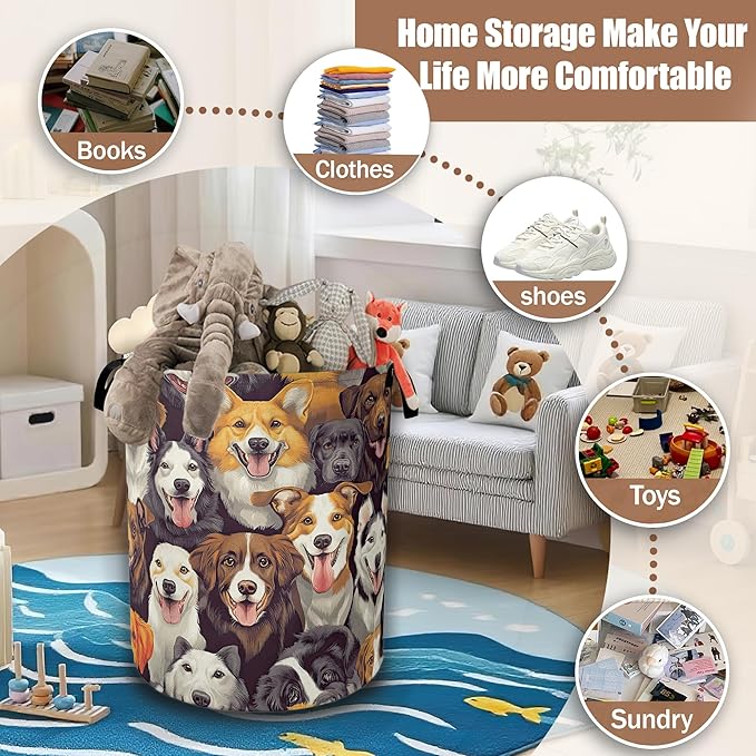 Laundry Hamper,Cute Dogs Collapsible Laundry Baskets Waterproof Oxford Cloth With Handles,Clothes Storage Bucket Toy Organizer For Bathroom/Nursery/Bedroom 16" x 20.8"