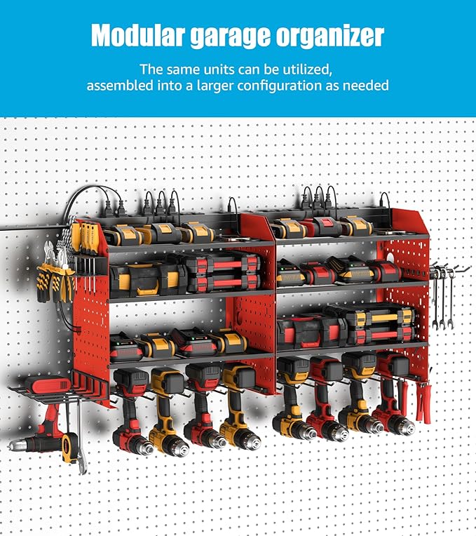 CCCEI Modular Power Tools Organizer with USB Charging Station, 4 Layer Drills and Battery Storage Wall Mount, Garage Shop Organization, Anniversary, Birthday, Gifts for Men, Father, 10FT Cord, Red.
