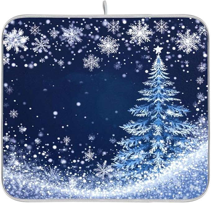 Christmas Tree Blue Dish Drying Mat for Kitchen Countertop 16x18 Winter Snowflake Silver Xmas Small Drying Mat Reusable Quick Dry Dish Sink Mats Easy Clean Decorative Essentials