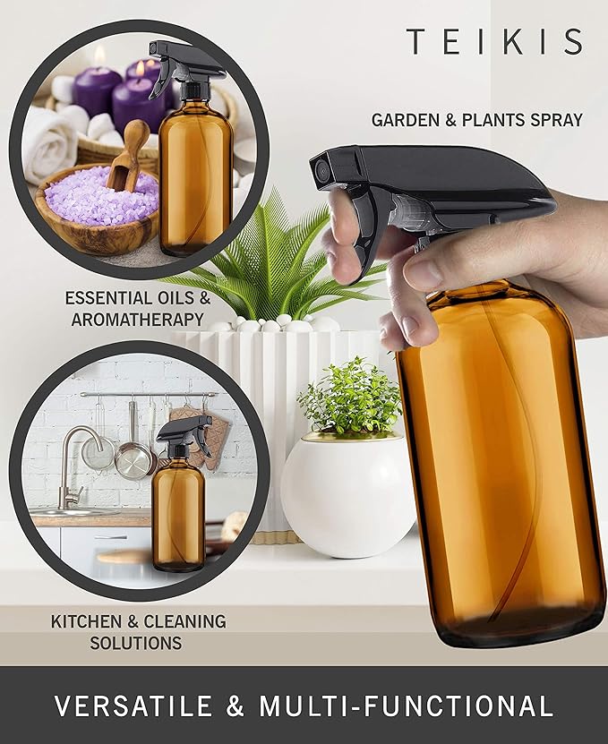 2 Pack Amber Glass Spray Bottles - 16 oz Mist & Stream Sprayer - Heavy Duty Brown Boston Round Bottle - Refillable Empty Containers for Essential Oils, Aromatherapy, Hair, Kitchen & Cleaning Solutions