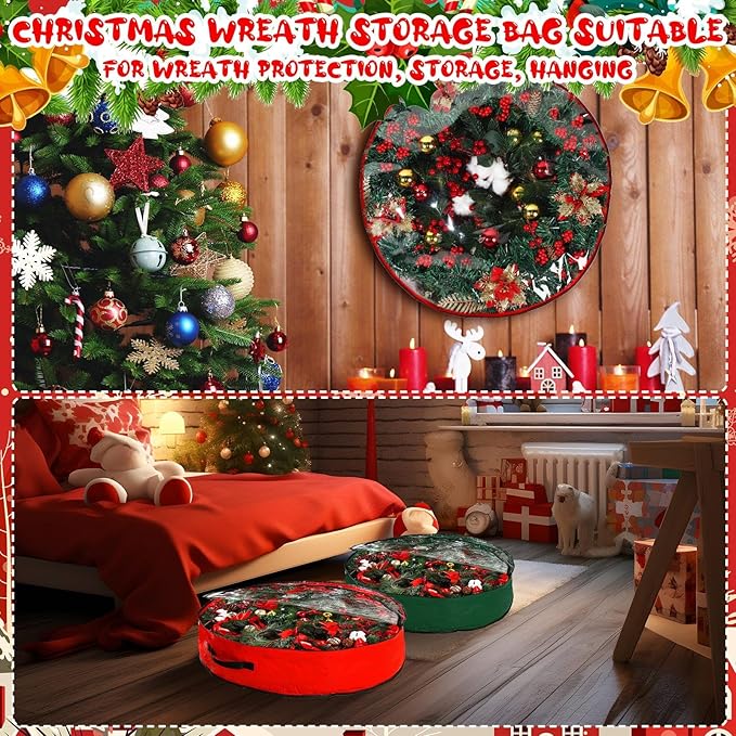 Aliceset 4 Pack Wreath Storage Containers, Christmas Ornament Garland Wreath Storage Bags with Handle Dual Zipper Large Decorative Storages Box for Winter Wreaths(30 x 30 x 7.8 Inch,Red, Green)