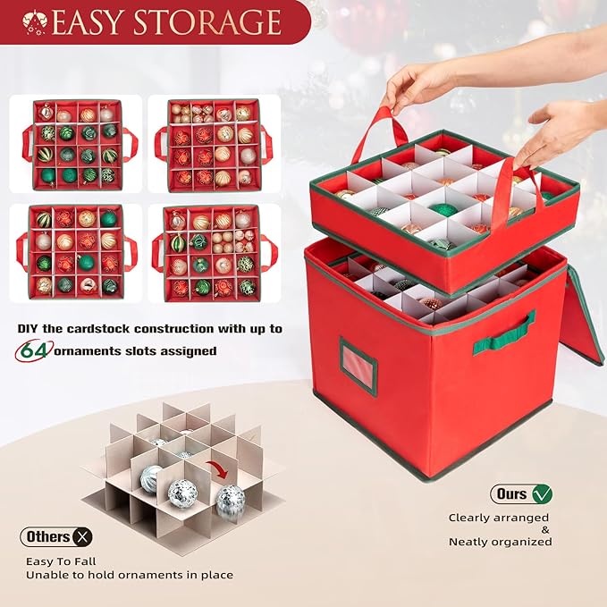 Christmas Ornament Storage Box Containers Holiday Decoration Organizer, Christmas Ball Accessories Holder with Adjustable Dividers, 4 Removable Trays, Zippered Closure, 600D Oxford 13x13x13.39