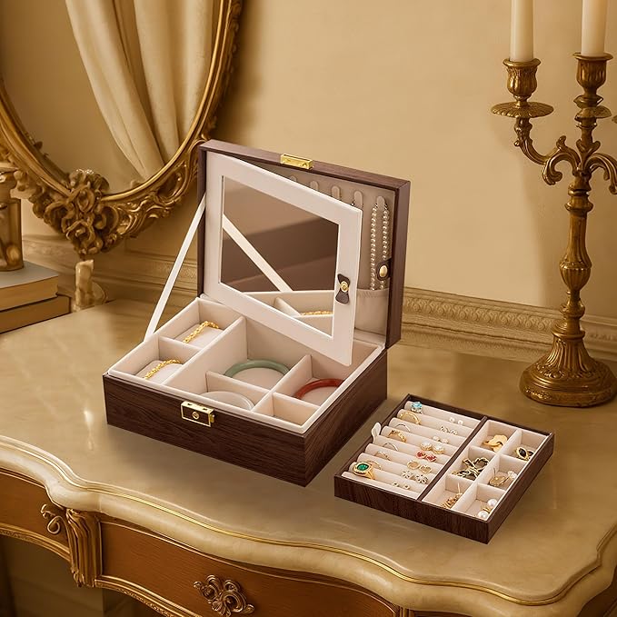 Homeanda Jewelry Box with Mirror Travel Jewelry Organizer 2 Layer Large Jewelry Storage Case Waterproof PU Leather Storage for Women Girls (Dark Brown)