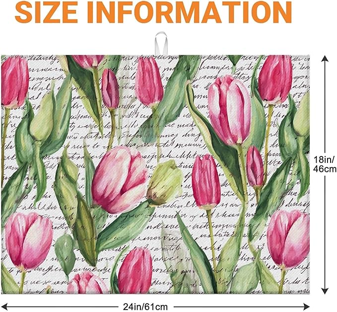 Dish Drying Mat For Kitchen Counter, Pink Tulip Flowers Text Microfiber Absorbent Dish Drainer Rack Pad Reusable Large 18x24in Drying Mat