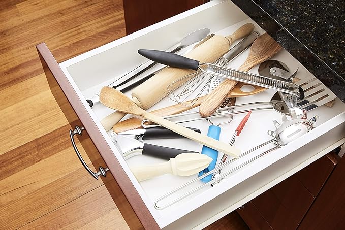 Thomas Grace Homewares Bamboo Kitchen Drawer Organizer Divider Stackable for Deep Drawers. (Set-of- 4) Spring Loaded Dividers that are Expandable & Adjustable. Kitchen Organizer.