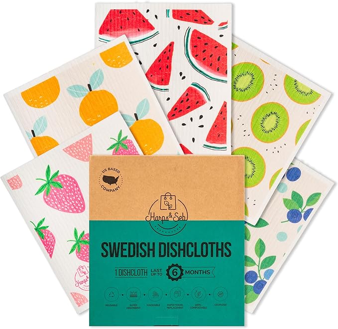 Harps&Seb Swedish Dishcloths for Kitchen Dish Towels - 5 Pack, Non-Scratch Reusable Paper Towels, Super Absorbent Washable Swedish Dish Cloths, No Odor, Biodegradable,Summer Design