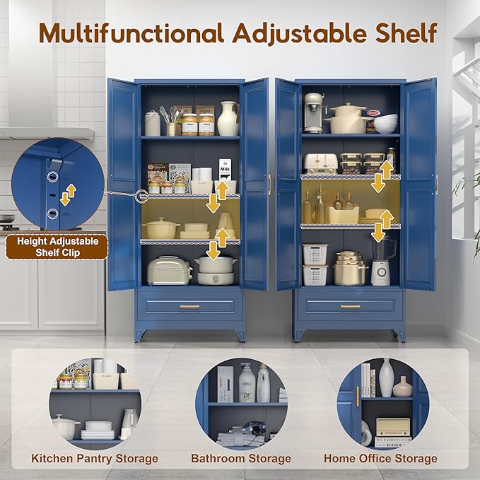 75" Kitchen Pantry Cabinet with Drawer, Tall Storage Cabinet with Doors and 4 Shelves, Metal Storage Cabinets for Kitchens, Living Room, Dinning Room, Assembly Required, Blue