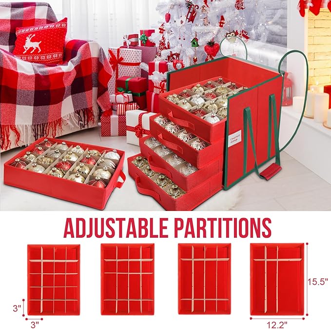 Christmas Ornament Storage Box, Stores Up to 100 Count 3 Inch Ornaments, 5 Individual Trays, Adjustable Dividers, 600D Oxford Fabric, Large Organizer Bin to Protect and Store Holiday Décor