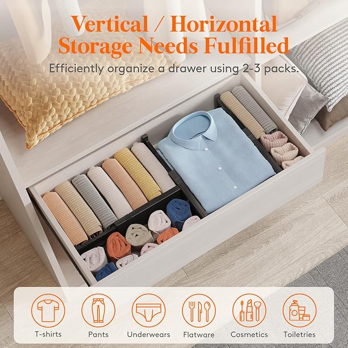 Lifewit 9 Pack Drawer Dividers 4" High, 11-17" Adjustable Drawer Organizers for Clothes, Expandable Dresser Separators in Bedroom/Bathroom/Kitchen/Fridge/Office Organization and Storage, Black