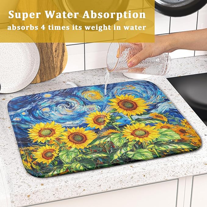 Sunflower Dish Drying Mat for Kitchen Counter 18x16 Inch Starry Night Drying Mat with Absorbent Reversible Microfiber Farmhouse Floral Dish Drainer Mats Rack Pad for Coffee Countertop Protector
