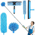 High Reach Duster Kit with14 ft Extension Pole High Ceiling Dusting and Window Cleaning Kit with Spliceable Pole - Cobweb Duster, Fan Blade, Window Washer & Squeegee and Feather Dusters