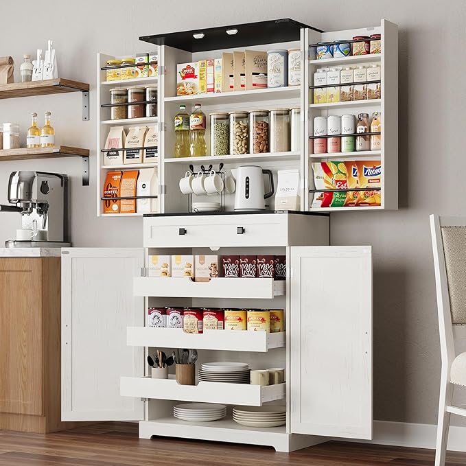 ELYKEN 72" Pantry Cabinet with Door Shelving & Sliding Shelves, Farmhouse Tall Kitchen Storage Cabinet with Door & Drawer for Dining Room, Living Room