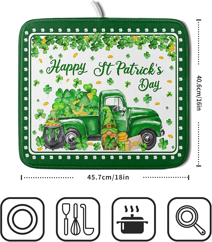 Shamrock Gnome Truck Dish Drying Mat Lucky Clover Dish Drainer Mat 16x18 inch Absorbent Fast Dry Pad for Kitchen Counter Coffee Bar Decor
