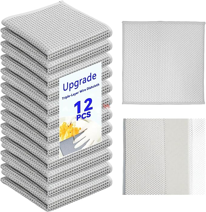 Non Scratch Wire Dishcloth, 12 Pack 7.8x7.8 Inch Wire Dishwashing Rag - Washable & Quick-Drying Cleaning Pads Steel Scrubber for Cookware, Sinks, Dishes, Stove Tops, Multi-Surface Safe
