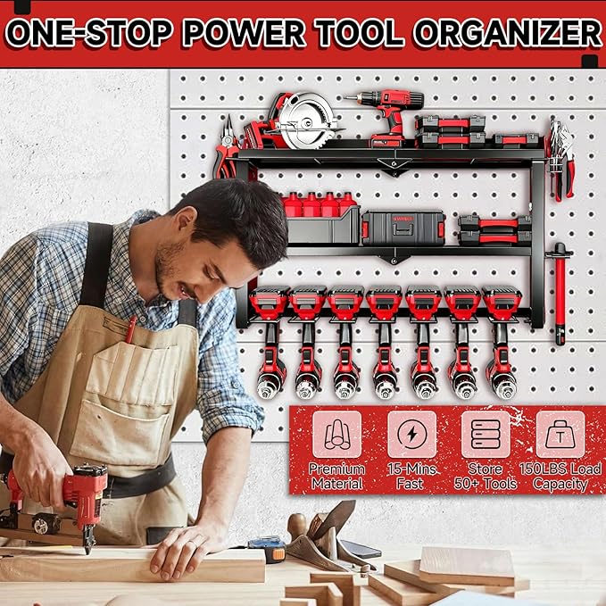 CRELYSTER Power Tool Organizer Wall Mount, 150Lbs 3 Layer Metal Tool Storage Rack with 7 Cordless Drill Holder Heavy Duty, Battery Drills Storage Tool Organizer for Workshop,Garage,Tool Room,Pegboard