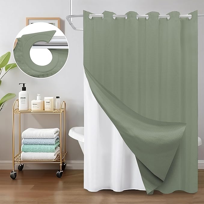 Inhousolu No Hook Waffle Weave Shower Curtain with Removable Snap in Fabric Liner Set for Bathroom, 230 GSM Heavy Duty Weighted Hem, Water Repellent Washable Bath Curtains, 36 x 72 Inch, Sage Green