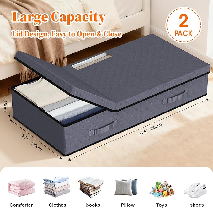 StoreHappily Under Bed Storage Containers with Lids - 2 Pack, Foldable and Stackable Clothes Storage Bags with Clear Window, 3-Sided Handles and Label Slot for Clothing, Blankets, Pillows (Grey)