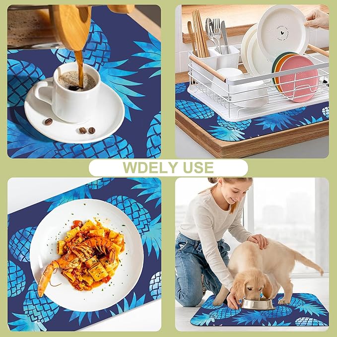 Kitchen Mat Blue Pineapple Dish Drying Mat 16"x24" Bsorbent Coffee Maker Mat for Sink Dishes or Under Rack Kitchen Counter Accessories Absorbent Hide Stain Rubber Backed Dish Drying Pad