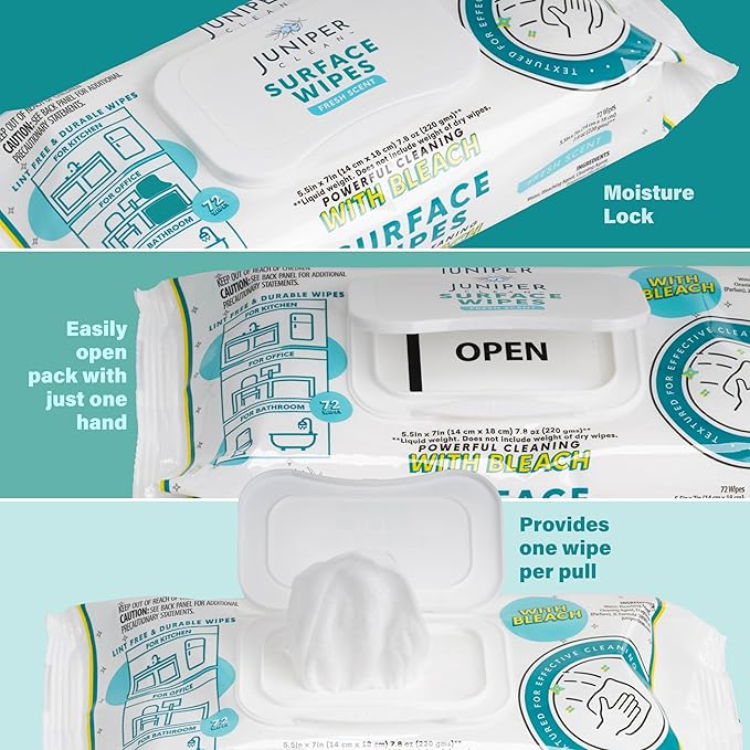 Juniper CLEAN 3 Pack Surface Cleaning Wipes with Bleach, All-Purpose Cleaner for Bathroom, Kitchen, Office, 216 Count Soft Flow, Fresh Scent, Lint Free & Durable