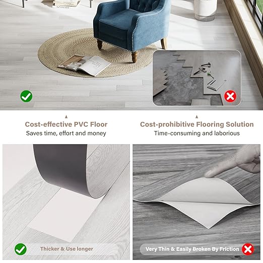 Peel and Stick Floor Tile, INMOZATA Self Adhesive Vinyl Plank Flooring Tile Wood Grain Look 36-Pack 54 Sq.Ft Waterproof Tile Sticker for Bedroom, Living Room, Kitchen, RV (Light Gray)