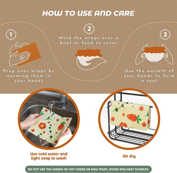 Akeeko Reusable Beeswax Food Wraps - Assorted 9 Packs, Reusable, Plastic-Free Food Storage, 5 Small, 2 Medium, 1 Large, 1 Extra Large Wraps with Cute Fruits Pattern