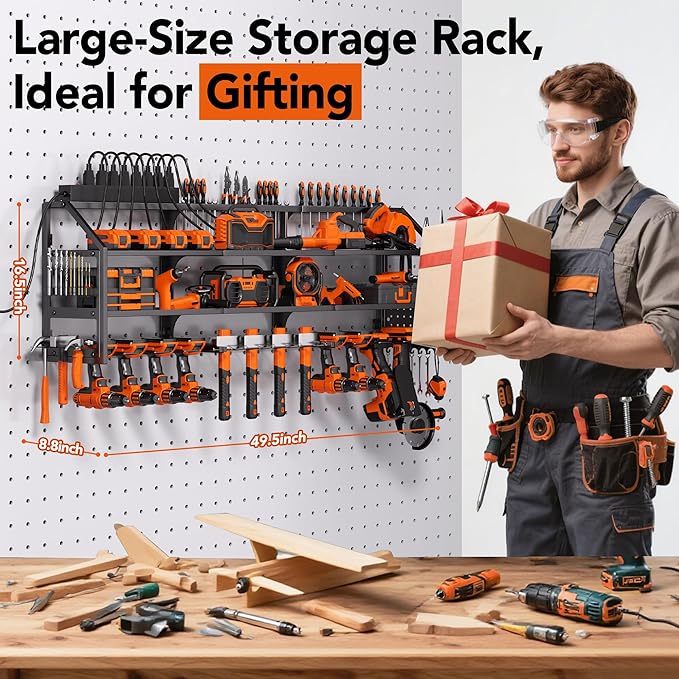 YFFSRJDJ Extra Large Power Tool Organizer Wall Mount with Charging Station, 12 Drill Holders Heavy Duty with 8-Outlet Power Strip, Garage Cordless Drill Storage and Organization, Battery Utility Rack