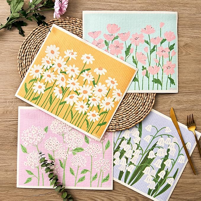 RECYCO Swedish Dishcloths for Kitchen | 4 Pack Oversized Washable Dish Rags | Large Cellulose Reusable Cleaning Paper Towels | Absorbent Counter Dish Cloth Sponge XL Kitchen Wipes, 12" L x 10" W