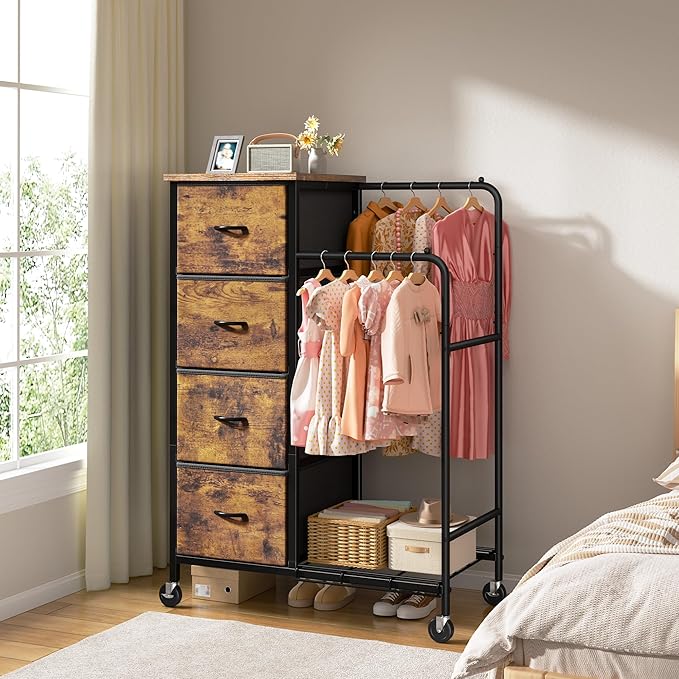 47.3" H Dresser with Hanging Rack, 4 Fabric Drawers with Double Clothes Rack & Wheels, Tall Closet Organizer Dresser for Bedroom, Entryway, Rustic Brown, 15.8" D x 29.9" W x 47.3" H