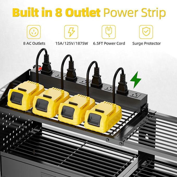 SEENWUUN Power Tool Organizer Wall Mount with Charging Station, 4 Layers Storage Rack with 9 Drill Holders & Battery Storage, Cordless Tool Organizer with 2 Drawers for Garage, Workshop & Tool Room