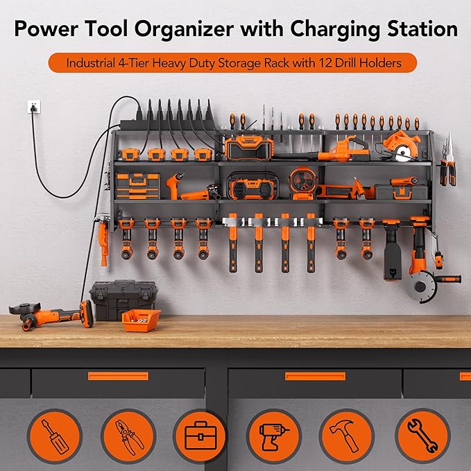 YFFSRJDJ Extra Large Power Tool Organizer Wall Mount with Charging Station, 12 Drill Holders Heavy Duty with 8-Outlet Power Strip, Garage Cordless Drill Storage and Organization, Battery Utility Rack