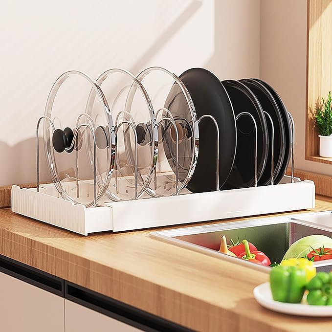 Pots and Pans Organizer Under Cabinet Expandable Pot Lid Holder with 7 Adjustable Dividers Pot Rack for Kitchen Storage Cutting Boards, Bakeware, Lid, White