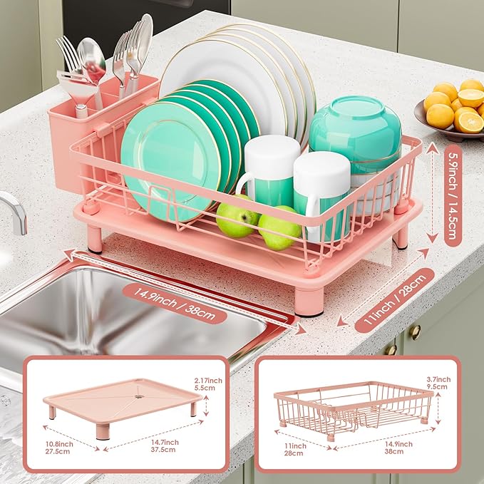 GAOKASE Dish Drying Rack, Space-Saving Dish Rack, Dish Racks for Kitchen Counter, Kitchen Dish Drainers with Removable Utensil Holder,Plate Rack and Drainboard, 11''W x 15''L, Pink